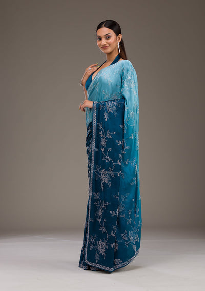 Turquoise Blue Stonework Satin Saree-Koskii