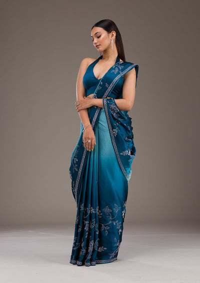 Turquoise Blue Stonework Satin Saree-Koskii