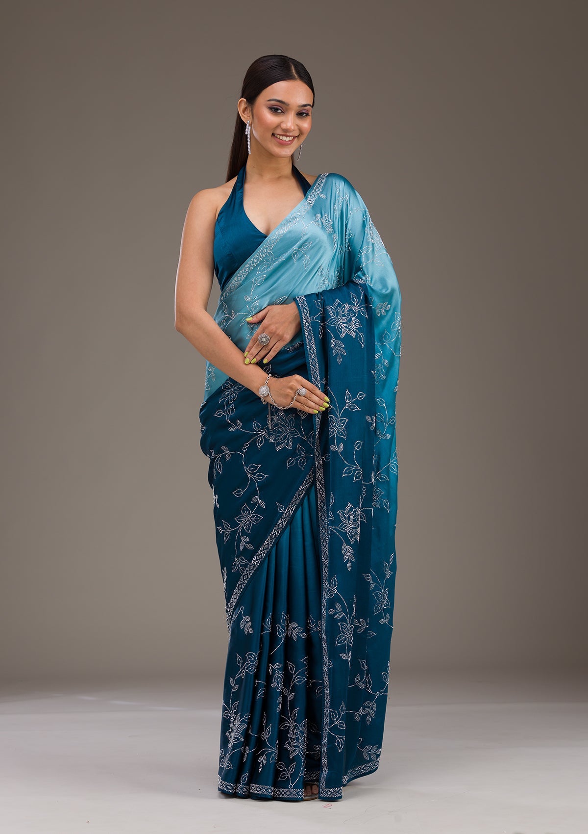 Turquoise Blue Stonework Satin Saree-Koskii