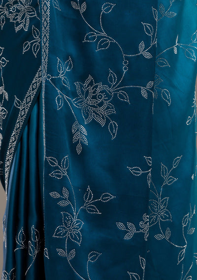 Turquoise Blue Stonework Satin Saree-Koskii