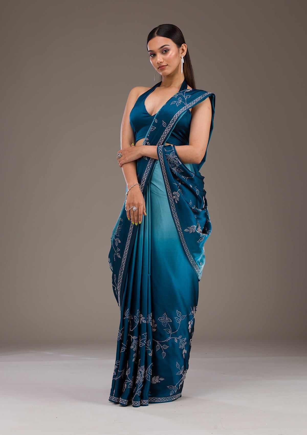 Turquoise Blue Stonework Satin Saree-Koskii