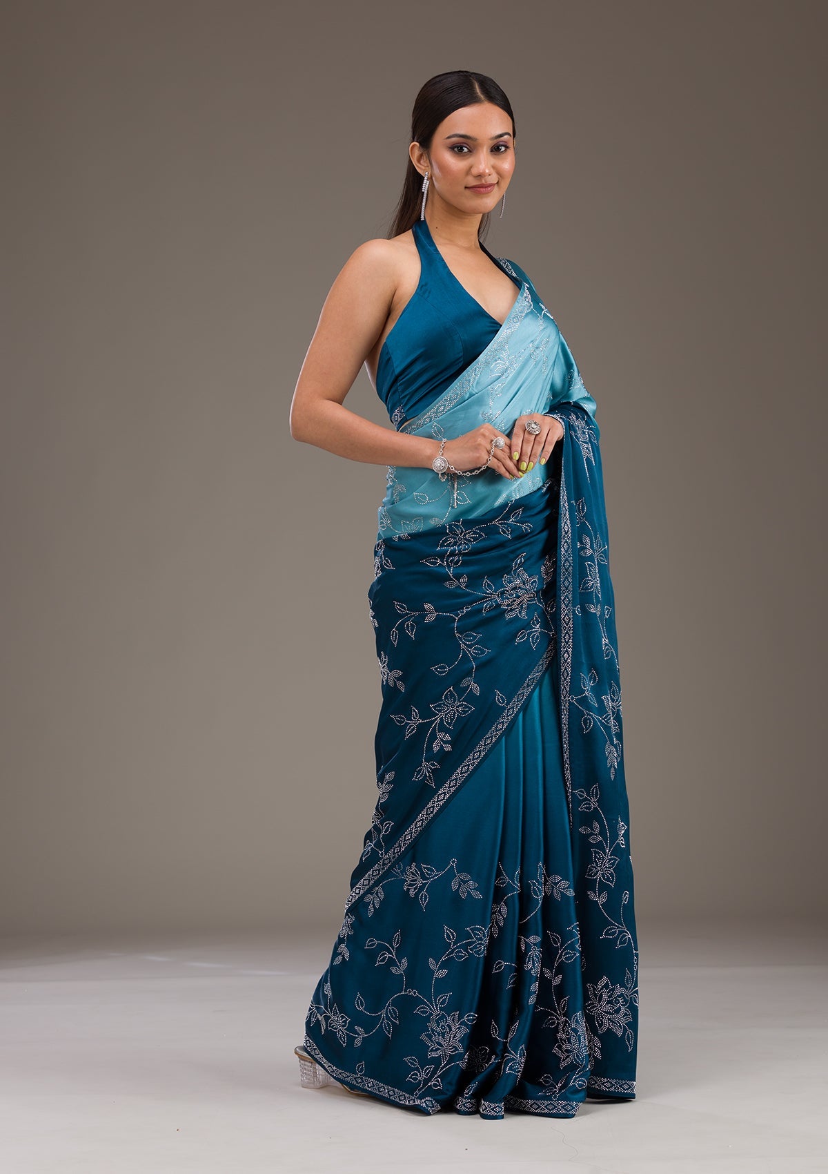 Turquoise Blue Stonework Satin Saree-Koskii