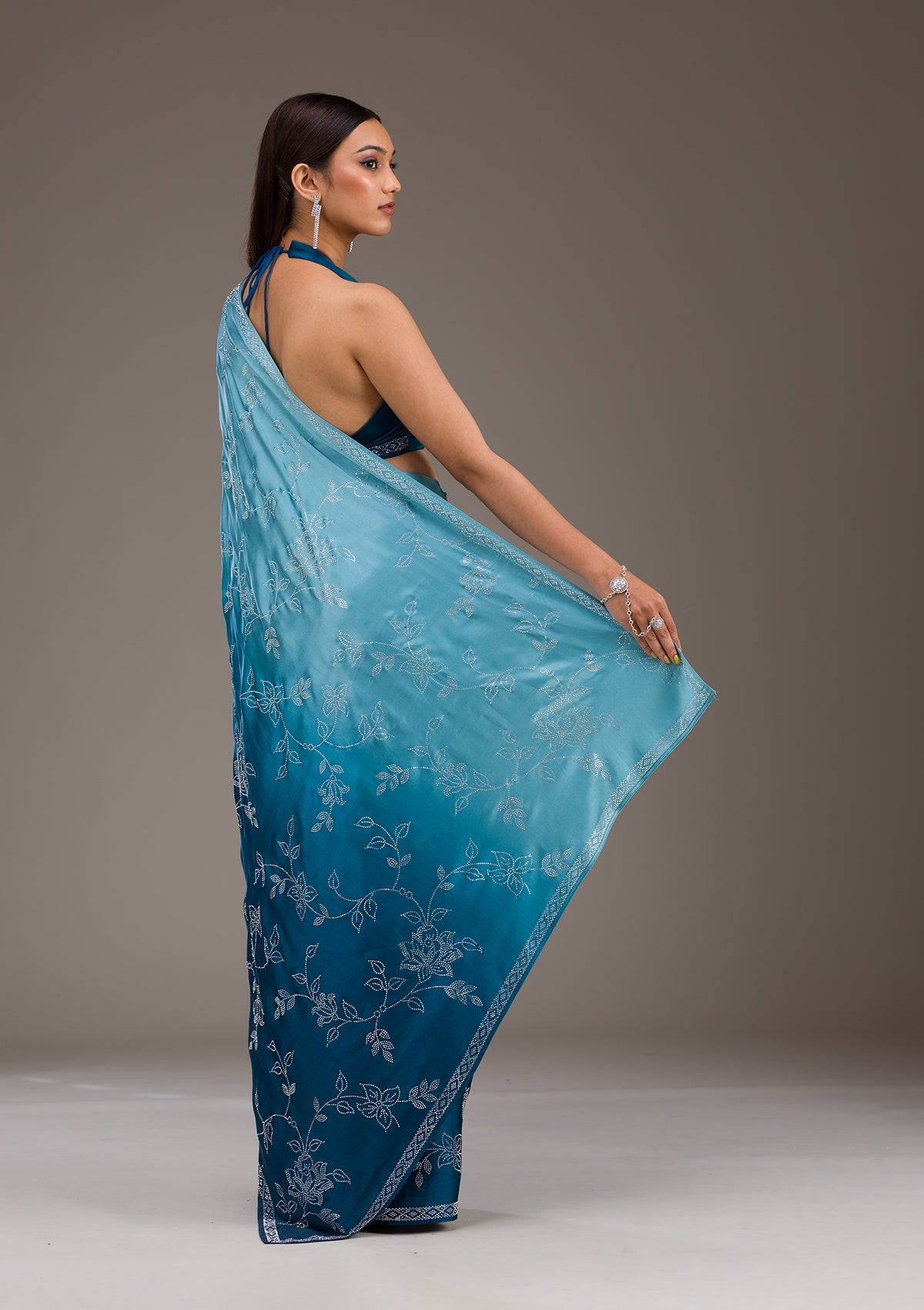 Turquoise Blue Stonework Satin Saree-Koskii