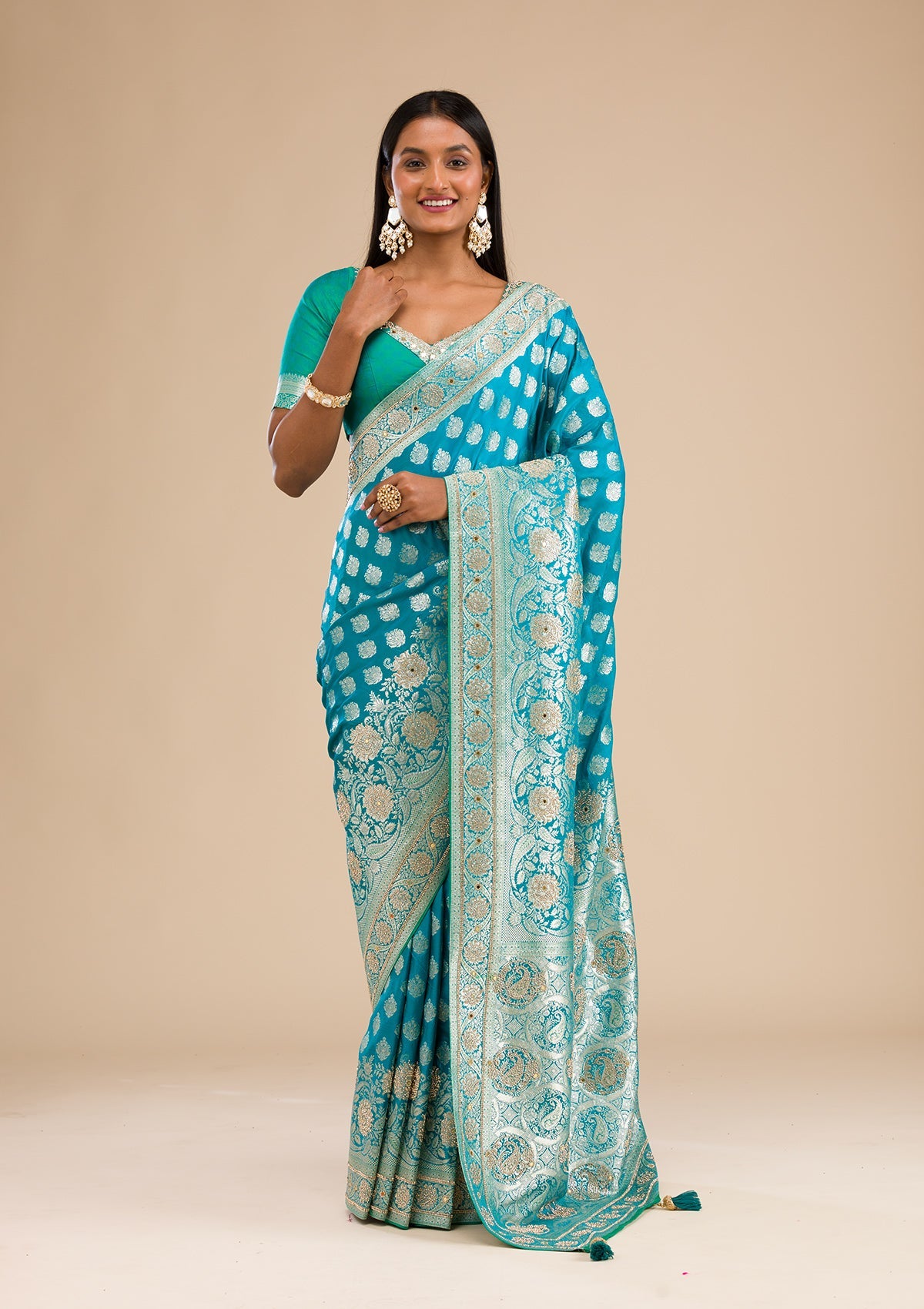 Turquoise Blue Swarovski Raw Silk Saree-Koskii