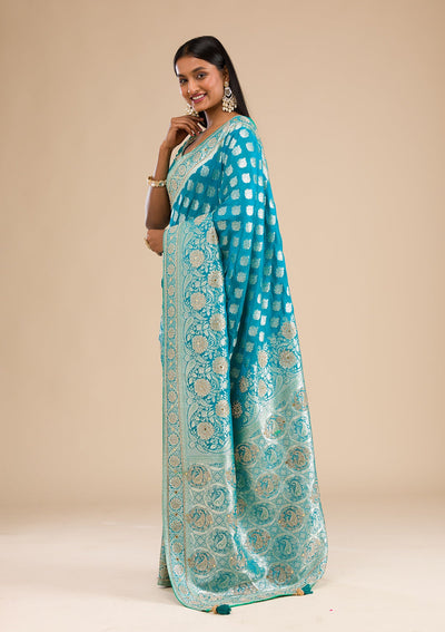 Turquoise Blue Swarovski Raw Silk Saree-Koskii