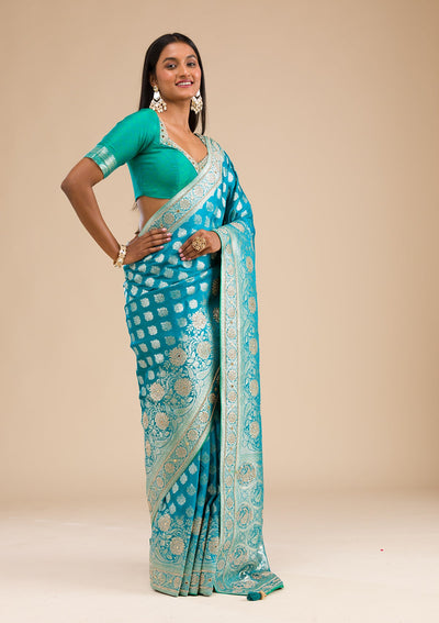 Turquoise Blue Swarovski Raw Silk Saree-Koskii