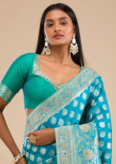 Turquoise Blue Swarovski Raw Silk Saree-Koskii