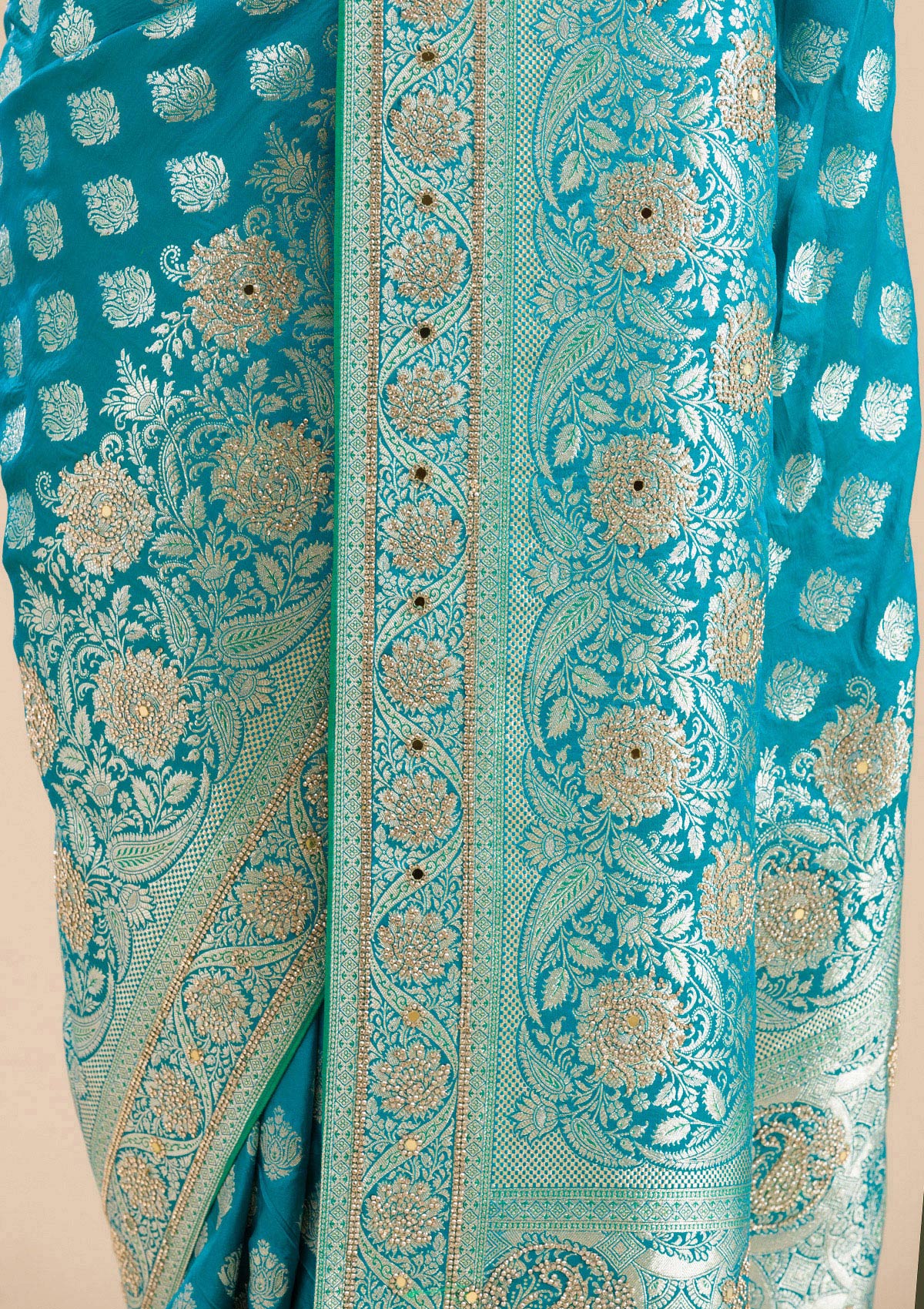 Turquoise Blue Swarovski Raw Silk Saree-Koskii