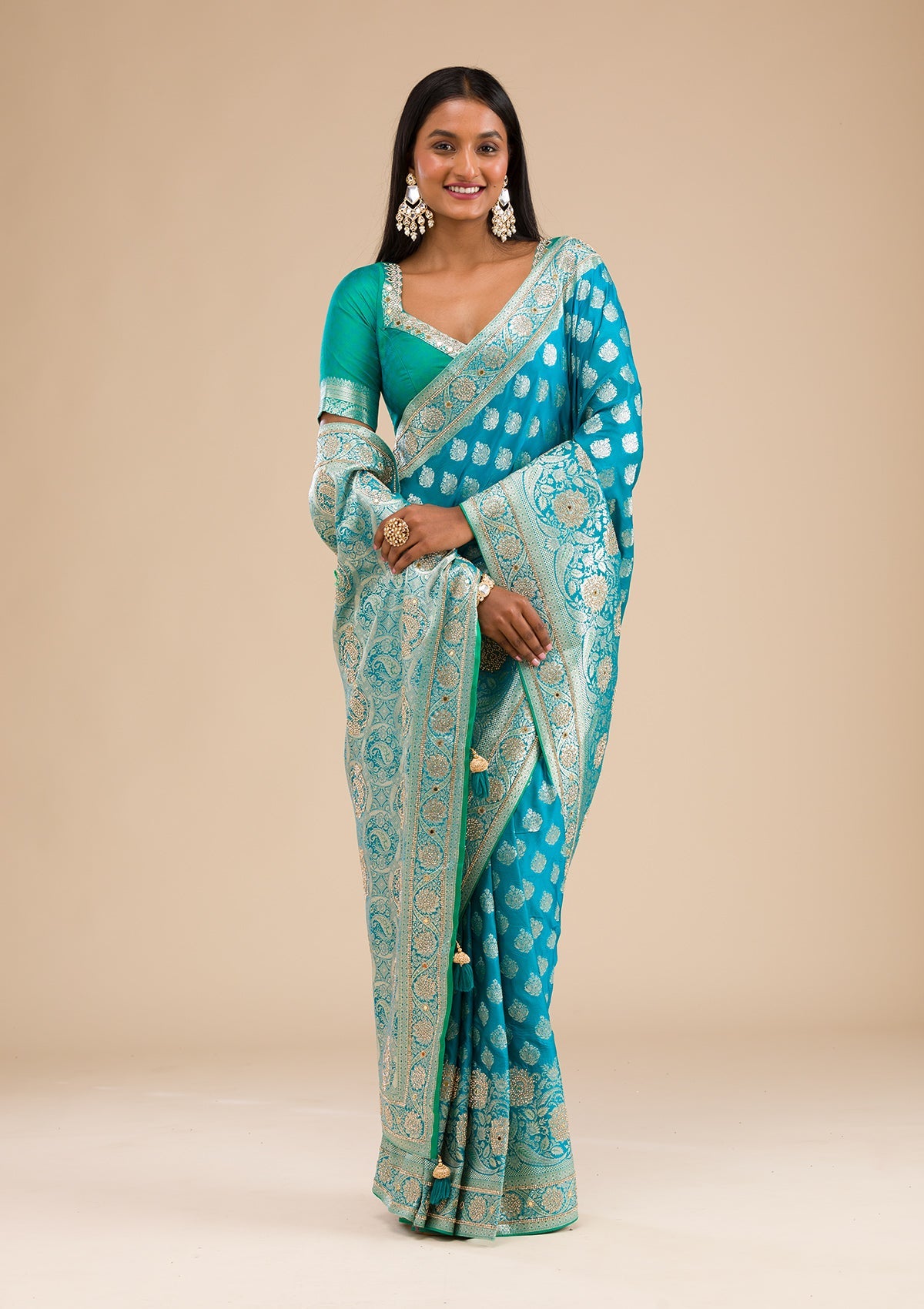 Turquoise Blue Swarovski Raw Silk Saree-Koskii