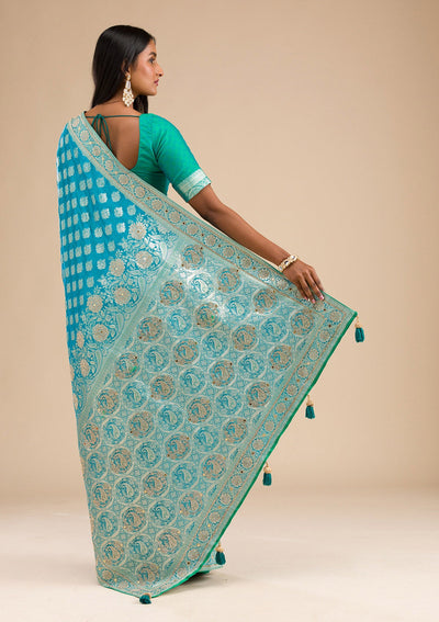 Turquoise Blue Swarovski Raw Silk Saree-Koskii