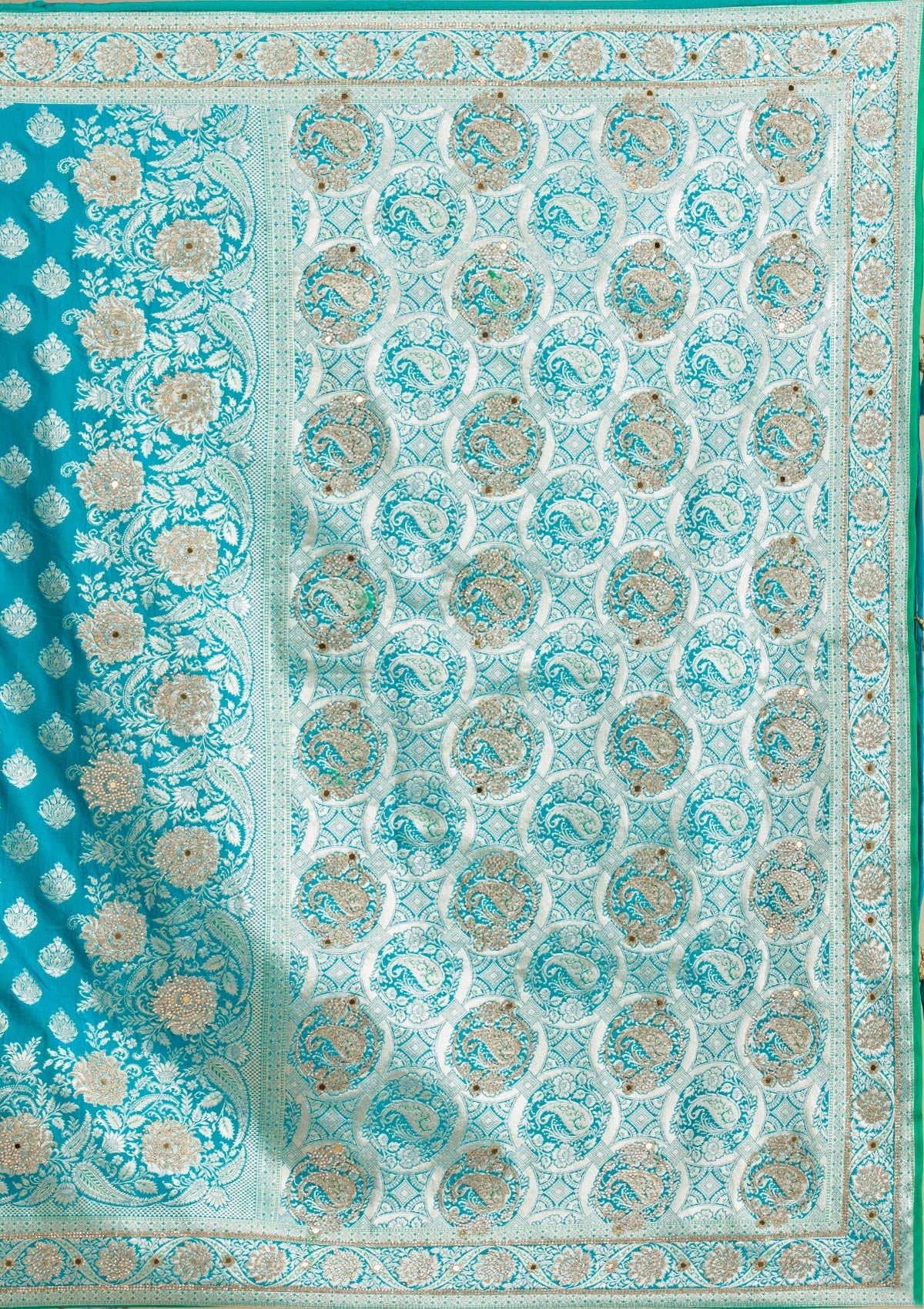 Turquoise Blue Swarovski Raw Silk Saree-Koskii