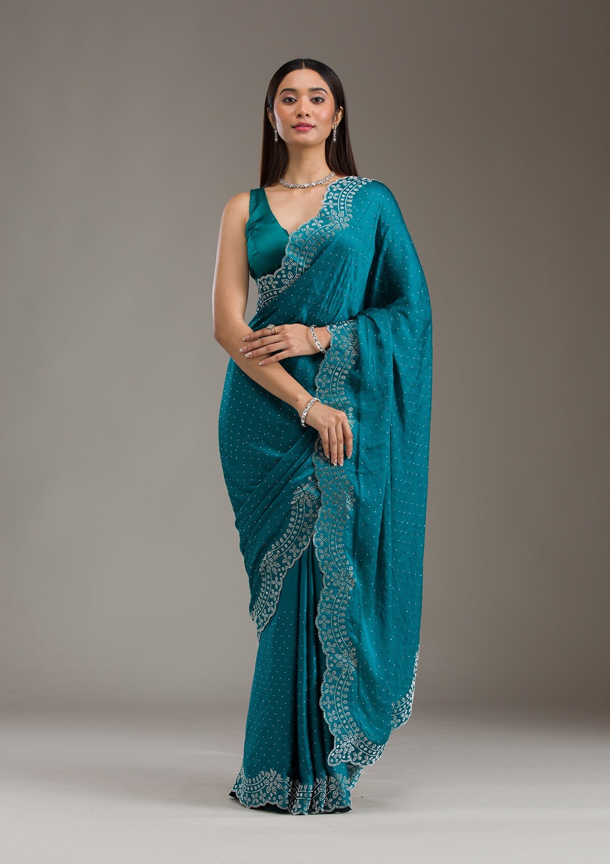 Turquoise Blue Swarovski Satin Saree-Koskii