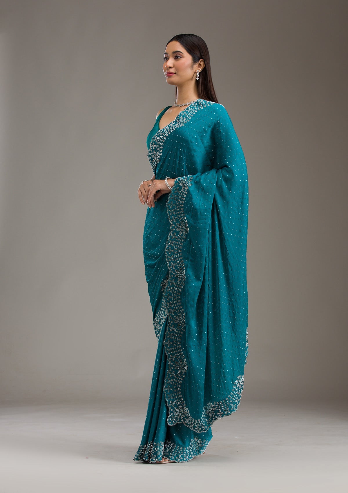 Turquoise Blue Swarovski Satin Saree-Koskii