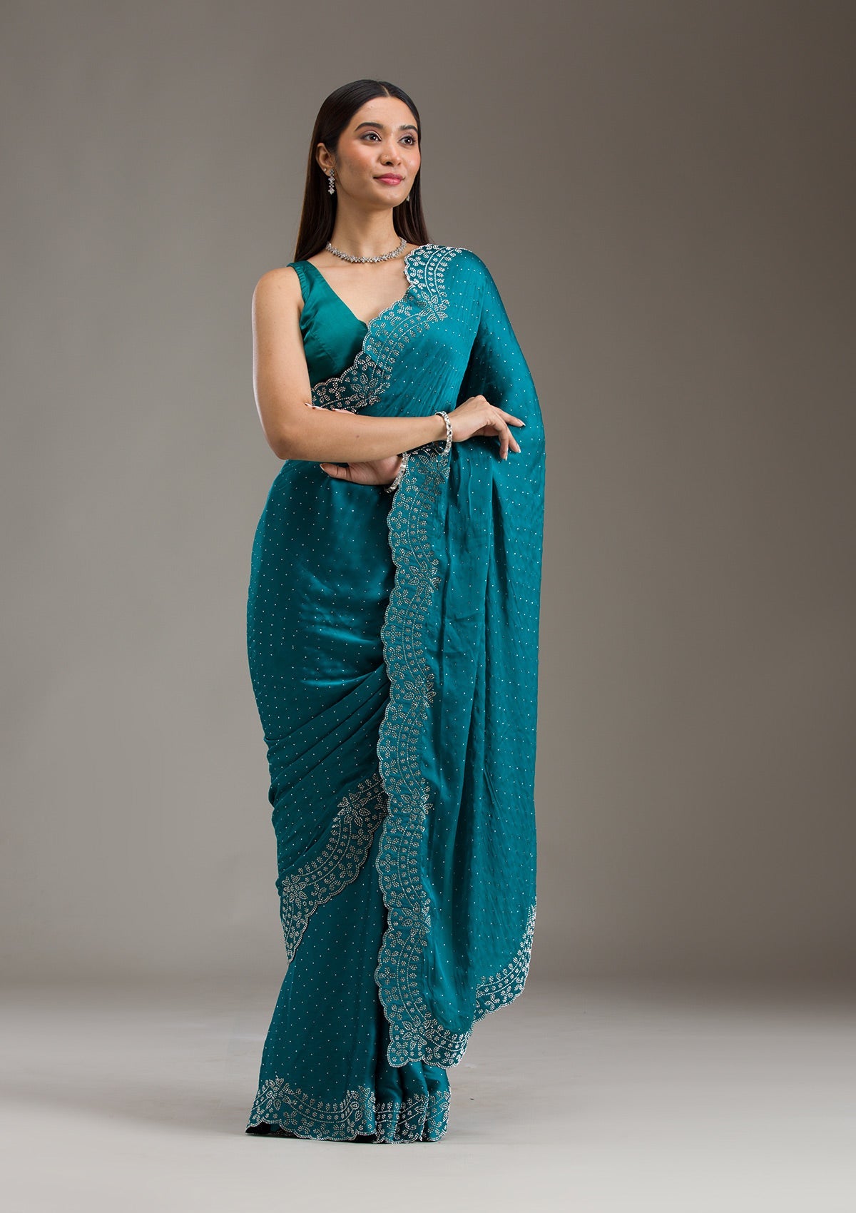 Turquoise Blue Swarovski Satin Saree-Koskii