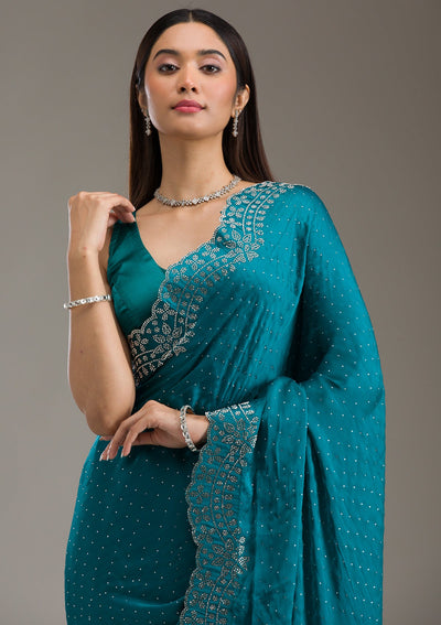 Turquoise Blue Swarovski Satin Saree-Koskii