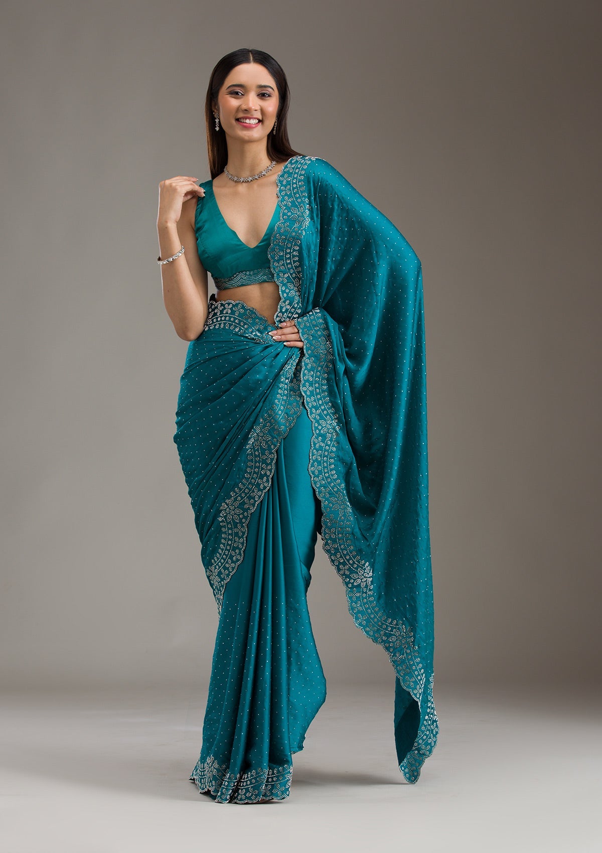 Turquoise Blue Swarovski Satin Saree-Koskii