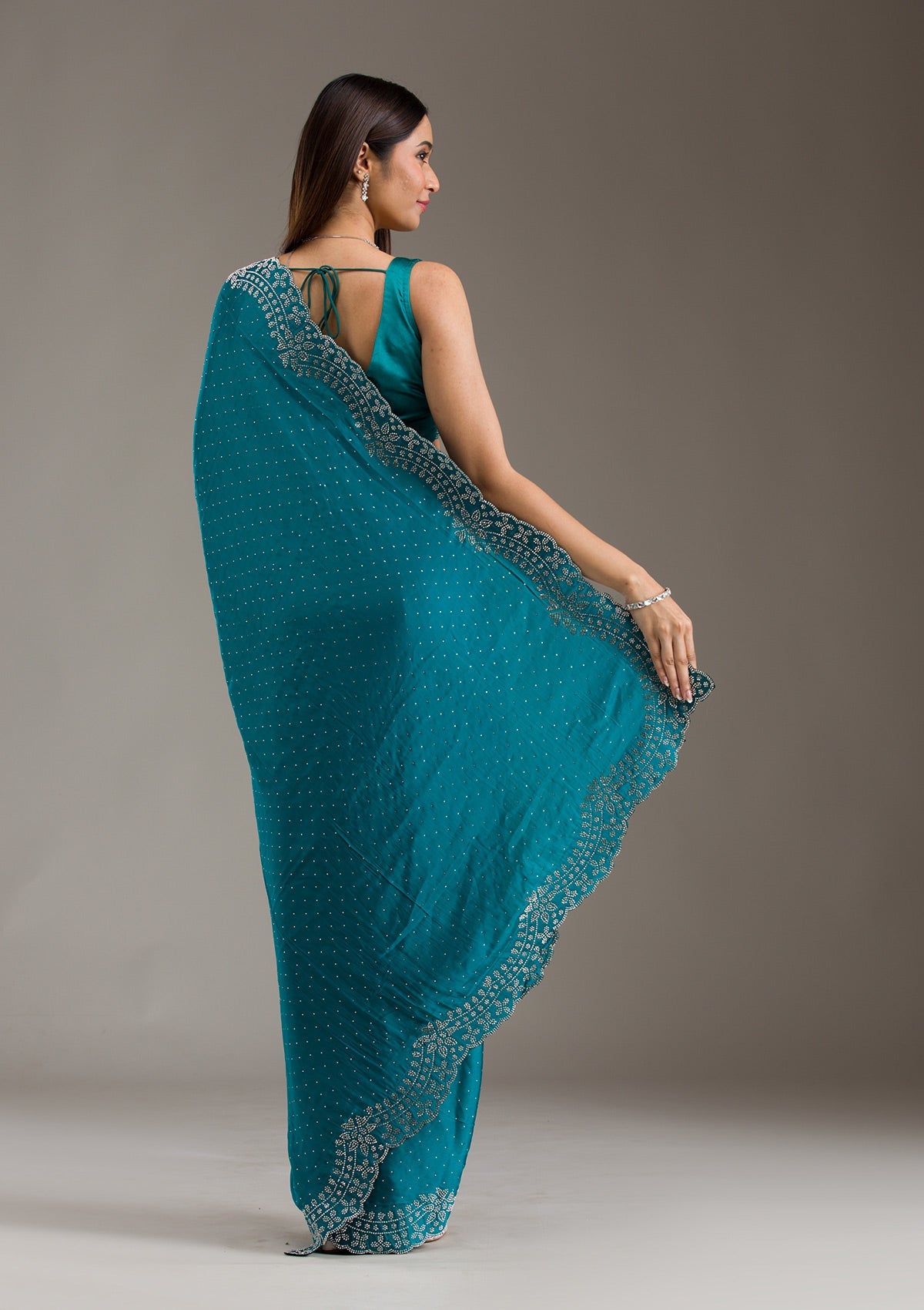 Turquoise Blue Swarovski Satin Saree-Koskii