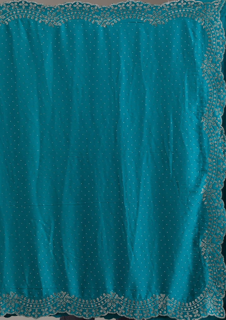 Turquoise Blue Swarovski Satin Saree-Koskii