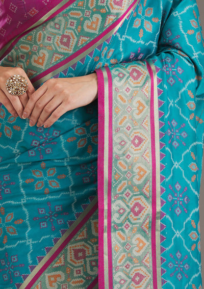 Turquoise Blue Threadwork Art Silk Saree-Koskii