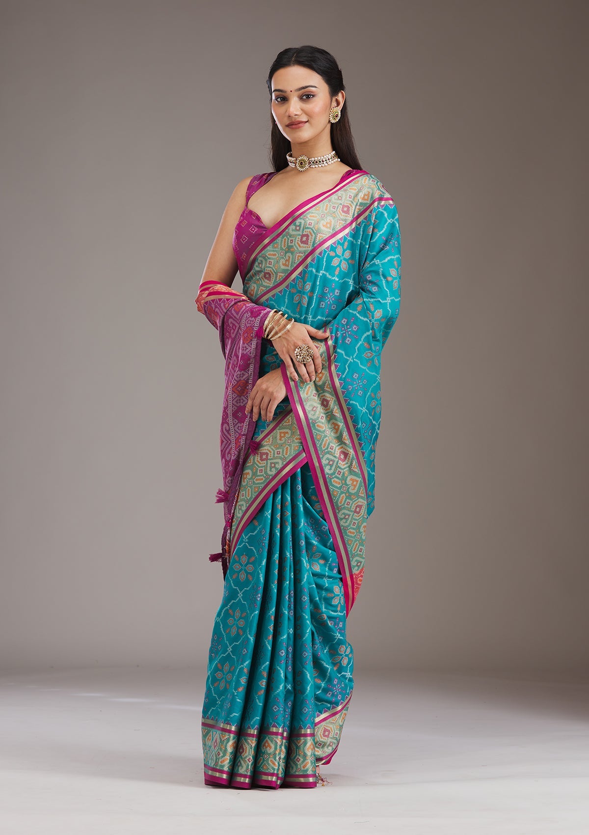 Turquoise Blue Threadwork Art Silk Saree-Koskii