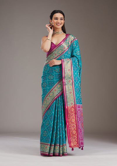 Turquoise Blue Threadwork Art Silk Saree-Koskii