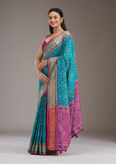 Turquoise Blue Threadwork Art Silk Saree-Koskii