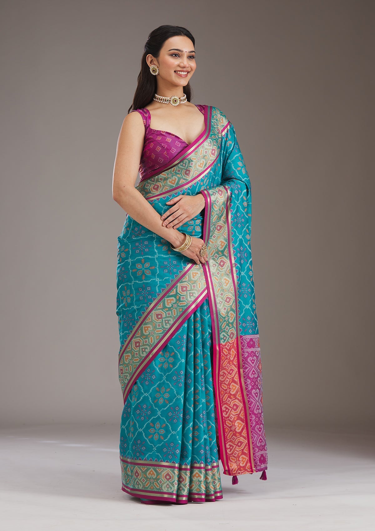 Turquoise Blue Threadwork Art Silk Saree-Koskii