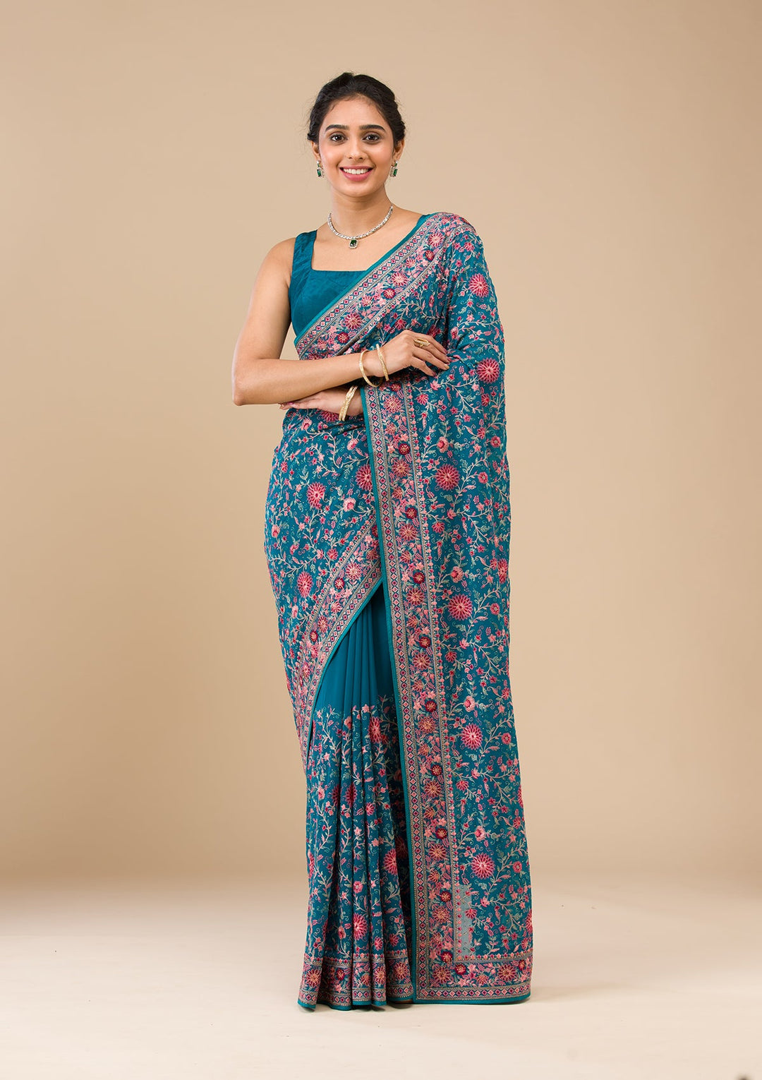Turquoise Blue Tissue Threadwork Saree With Matching Blouse Piece