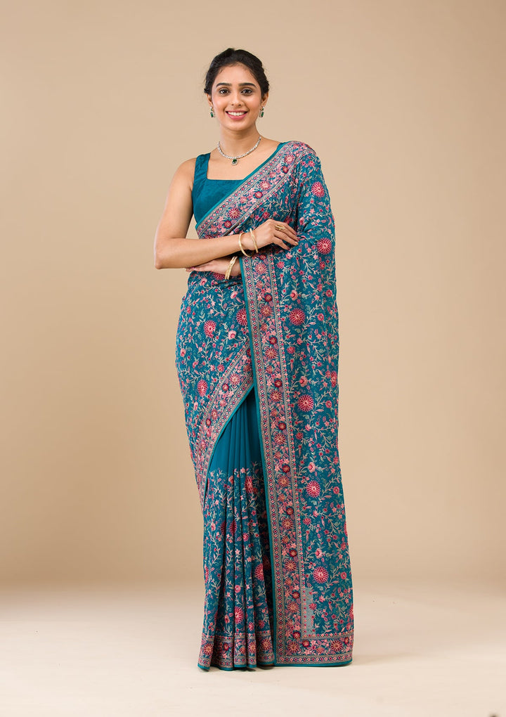 Turquoise Blue Tissue Threadwork Saree With Matching Blouse Piece