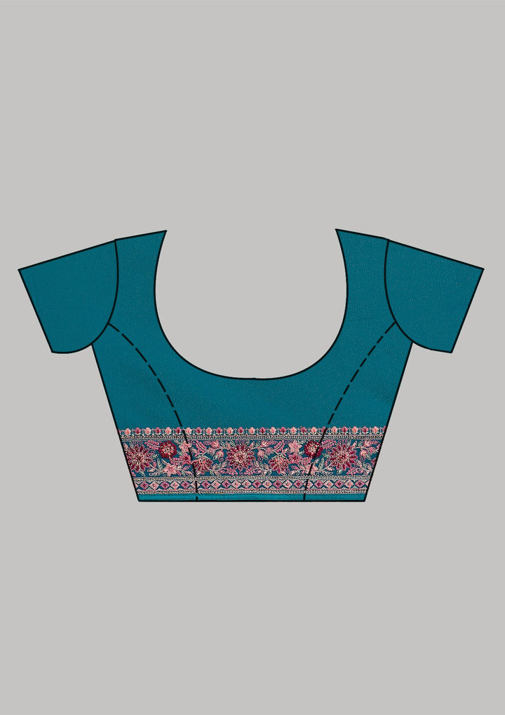 Turquoise Blue Tissue Threadwork Saree With Matching Blouse Piece