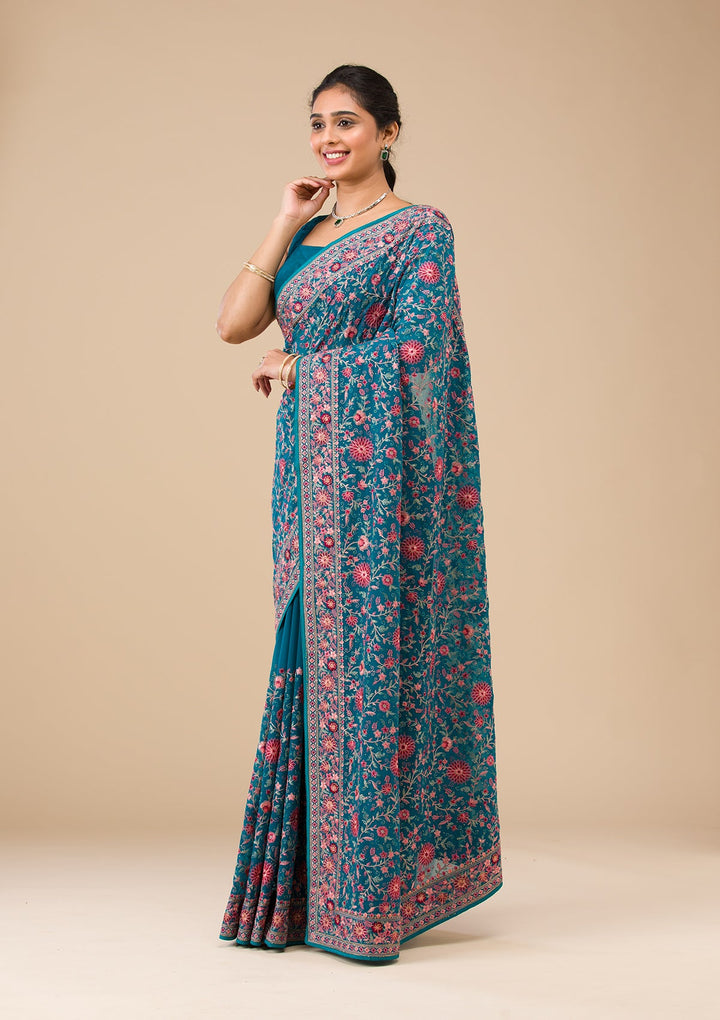Turquoise Blue Tissue Threadwork Saree With Matching Blouse Piece