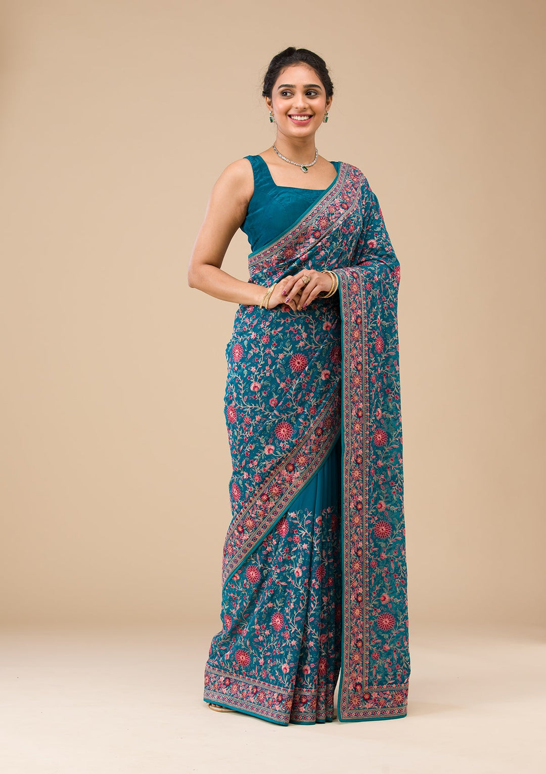 Turquoise Blue Tissue Threadwork Saree With Matching Blouse Piece