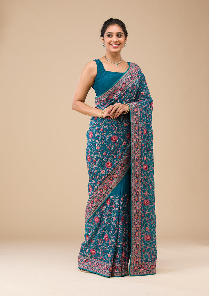 Turquoise Blue Tissue Threadwork Saree With Matching Blouse Piece