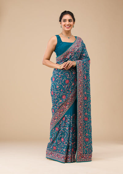 Turquoise Blue Threadwork Georgette Saree-Koskii