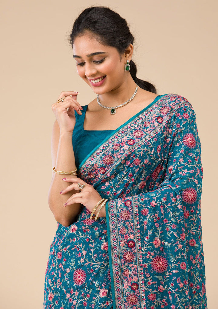 Turquoise Blue Tissue Threadwork Saree With Matching Blouse Piece