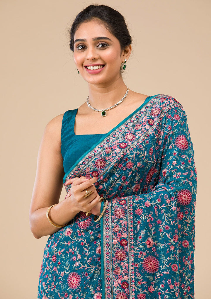 Turquoise Blue Tissue Threadwork Saree With Matching Blouse Piece
