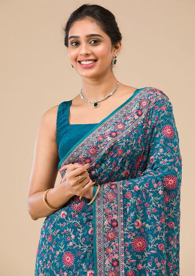 Turquoise Blue Threadwork Georgette Saree-Koskii