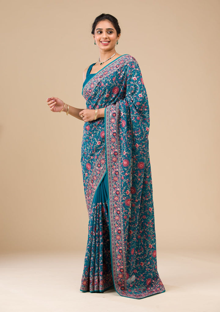 Turquoise Blue Tissue Threadwork Saree With Matching Blouse Piece