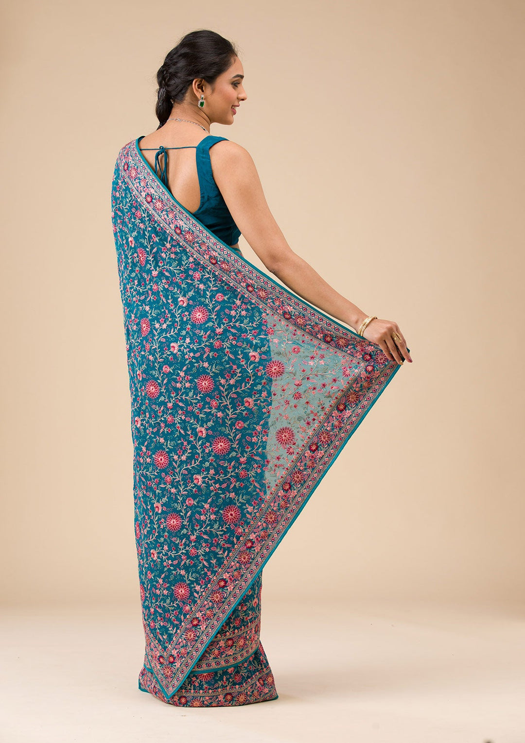 Turquoise Blue Tissue Threadwork Saree With Matching Blouse Piece