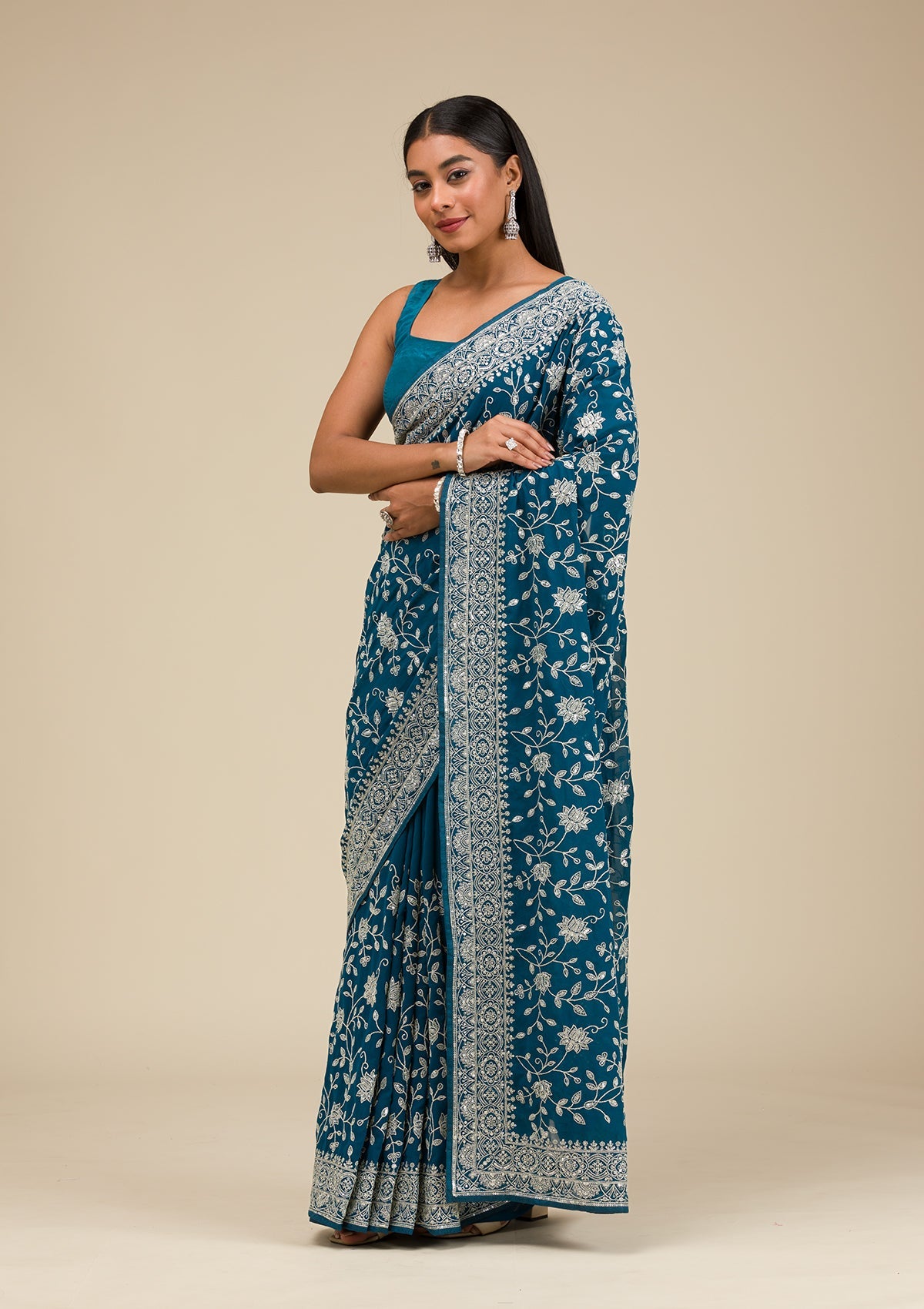 Turquoise Blue Threadwork Georgette Saree-Koskii