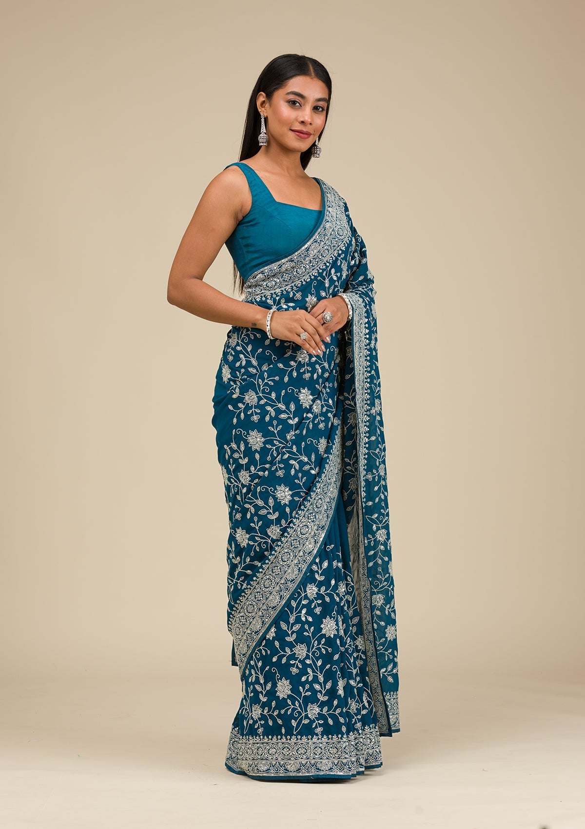 Turquoise Blue Threadwork Georgette Saree-Koskii