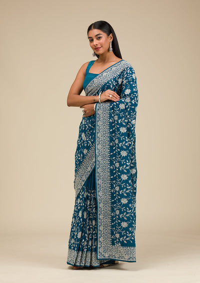 Turquoise Blue Threadwork Georgette Saree-Koskii