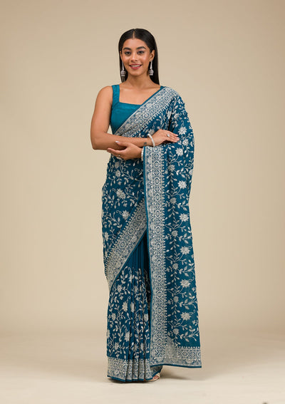 Turquoise Blue Threadwork Georgette Saree-Koskii