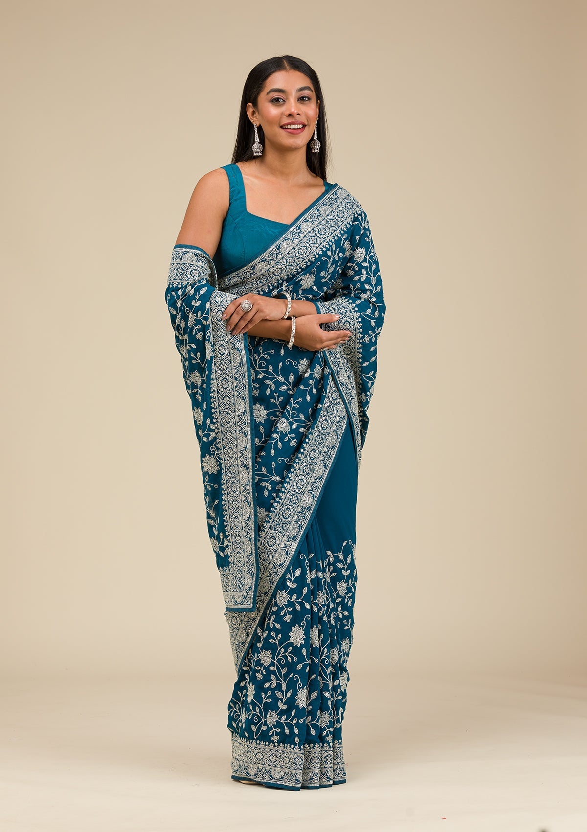 Turquoise Blue Threadwork Georgette Saree-Koskii