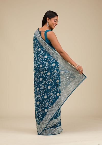 Turquoise Blue Threadwork Georgette Saree-Koskii