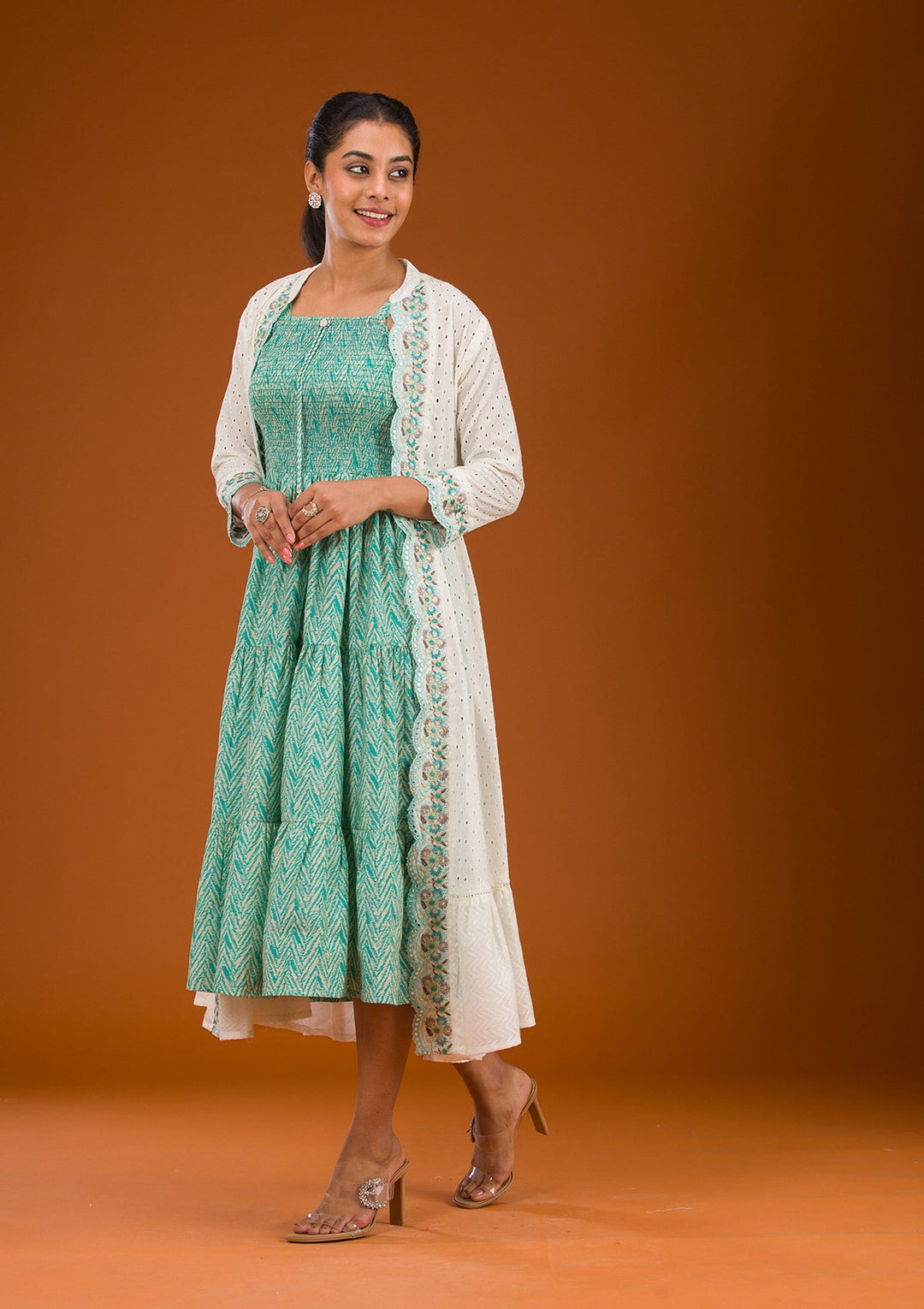 Turquoise Blue Threadwork Semi Crepe Readymade Salwar Suit-Koskii