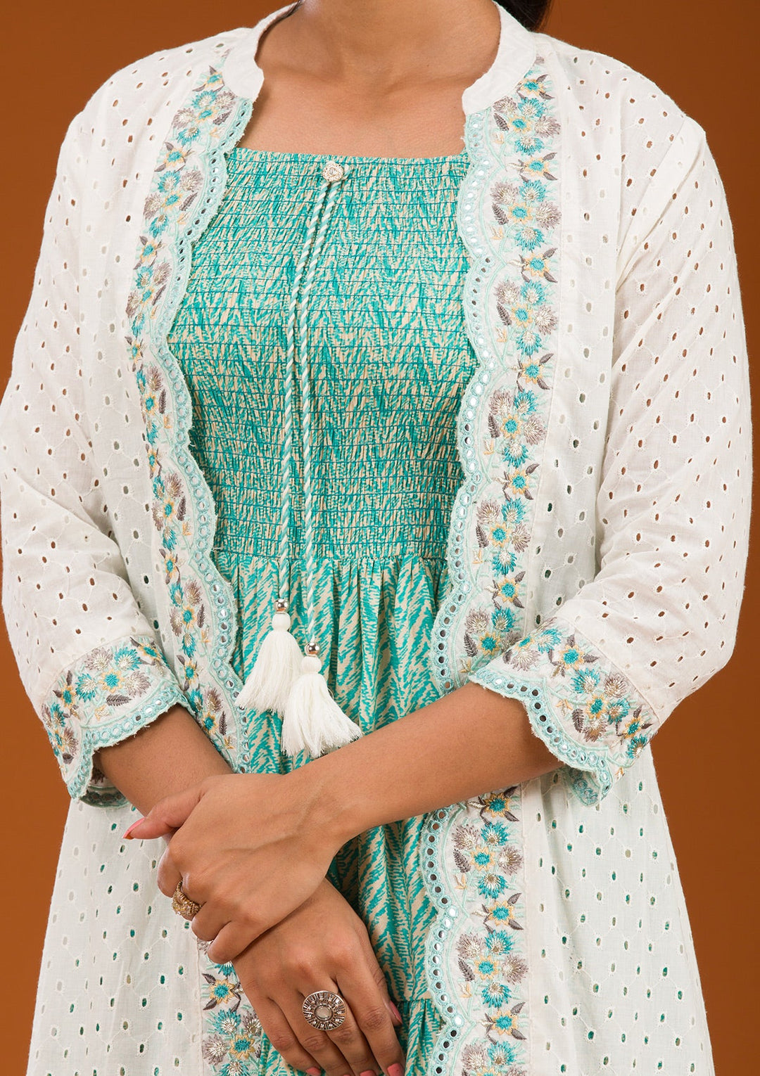 Turquoise Blue Threadwork Semi Crepe Readymade Salwar Suit-Koskii