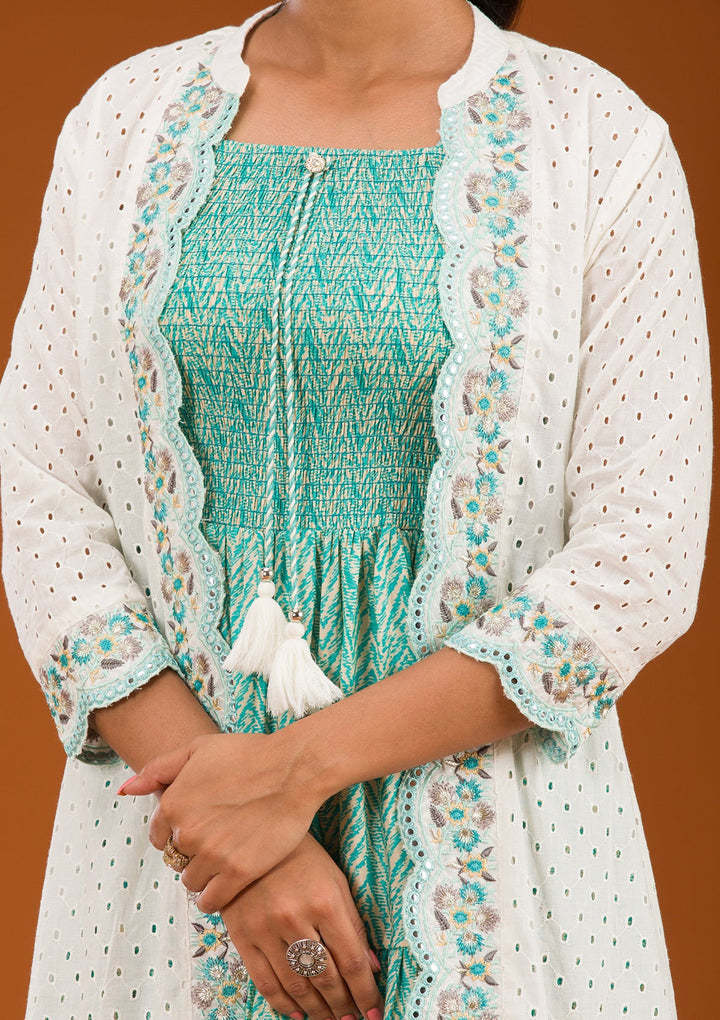 Turquoise Blue Threadwork Semi Crepe Readymade Salwar Suit-Koskii
