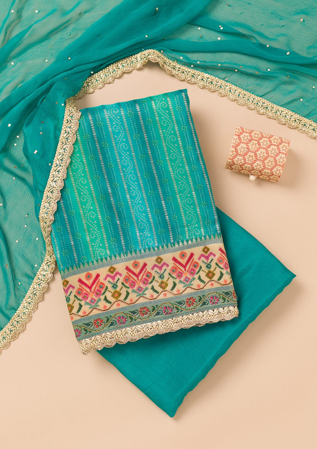Turquoise Blue Threadwork Semi Crepe Unstitched Salwar Suit-Koskii