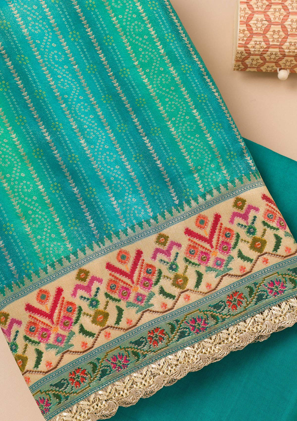 Turquoise Blue Threadwork Semi Crepe Unstitched Salwar Suit-Koskii